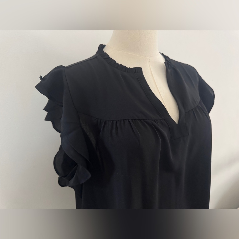 Ann Taylor Black Flutter Sleeve Blouse with Mandarin Collar